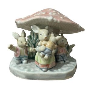 Vintage Bunny Family Ceramic Figurine Under Mushroom Spring Mom Rabbit